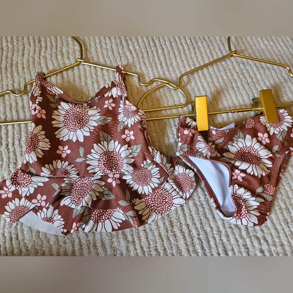 Carter's flower Kids Two Piece Swimsuit- Brown and White 3 Months